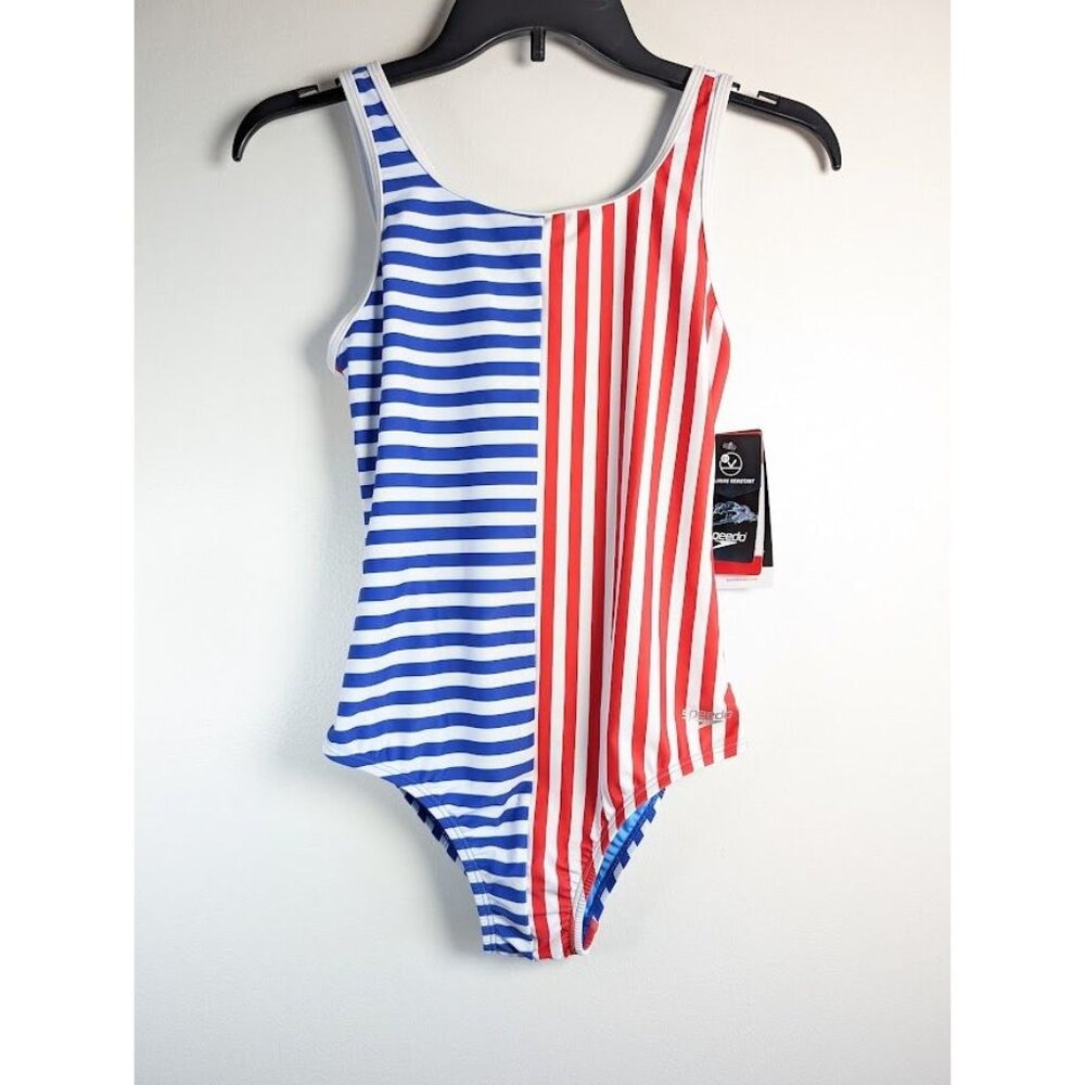 SPEEDO Swimsuit Kid Girls Size 14 One Piece Stripe Chlorine Resistant Summer NEW